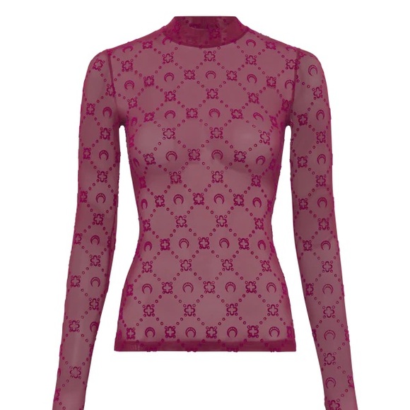 Marine Serre Tops - Marine Serre Monogram Mesh Flock Second Skin High Neck Top Burgundy